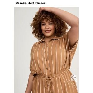Torrid Womens Plus Size 1 Ginger Brown Striped Dolman Shirt Romper Button Front